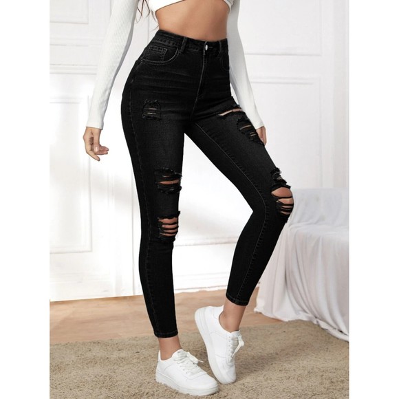 Black High Rise High Stretch Distressed Ripped Grunge Skinny Jeans Medium Size 6 - Picture 9 of 14